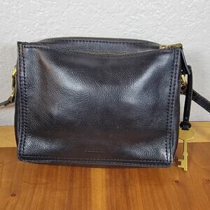 Fossil Devon ZB7254 Black Leather Crossbody Bag with Key Charm Double Zip